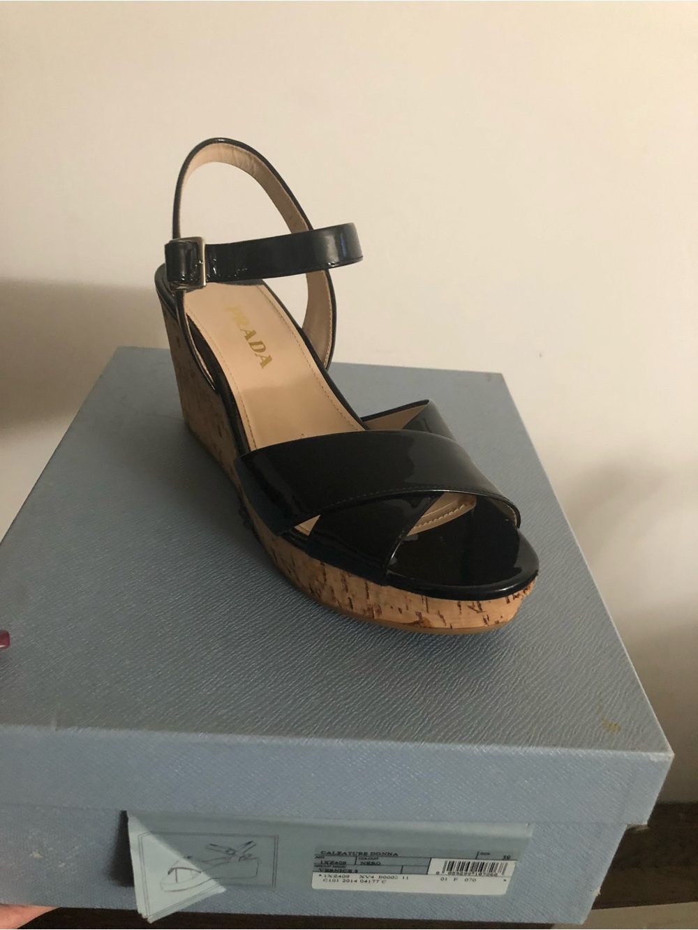 Prada Black Patent Cork Wedge Sandals